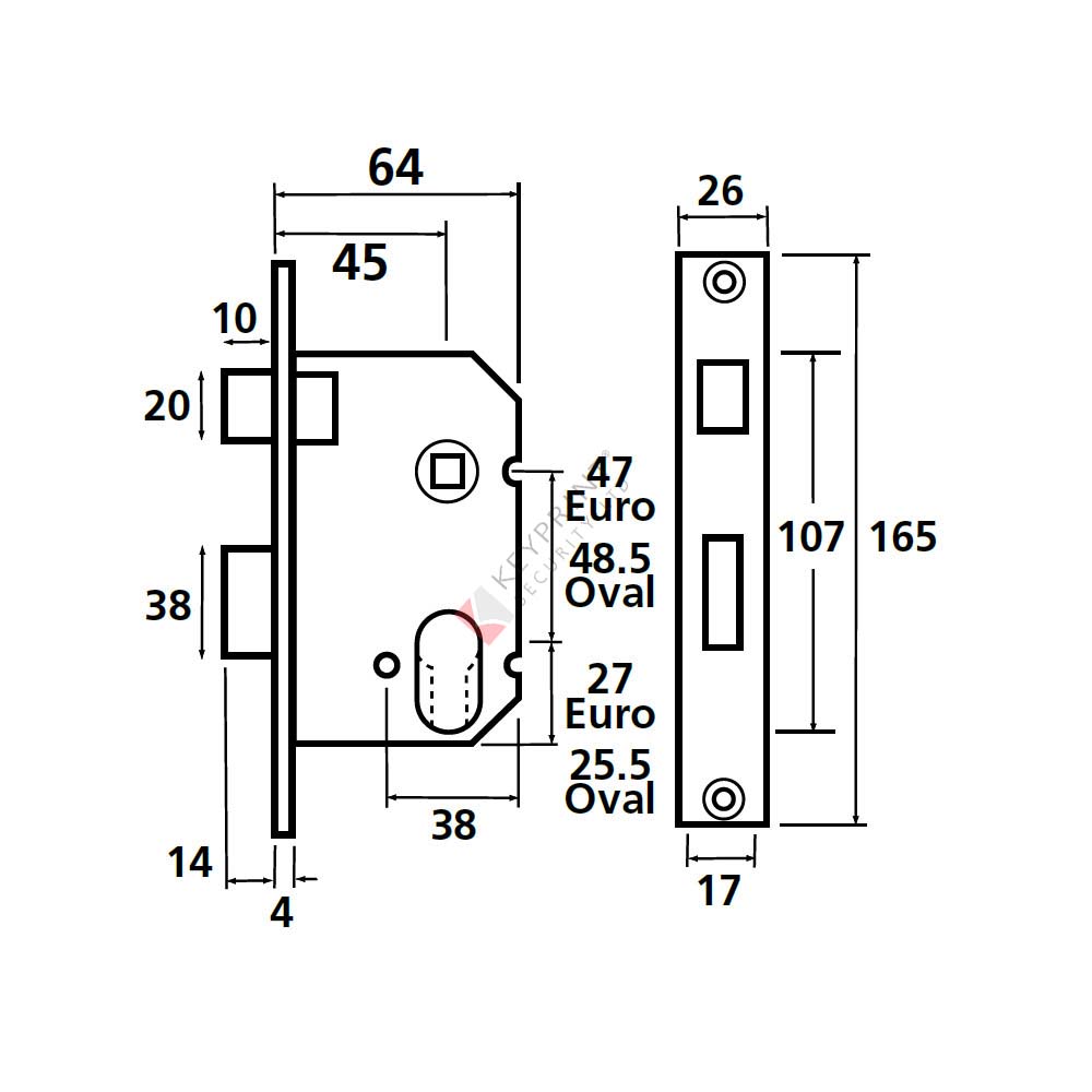 64mm Dual Profile Sash Lockcase With 45mm Backset - Polished Brass