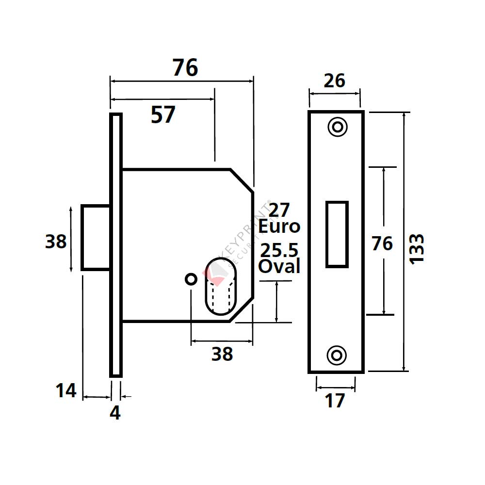 76mm WKS Mortice Dual Profile Dead Lockcase with 57mm Backset - Polished Brass