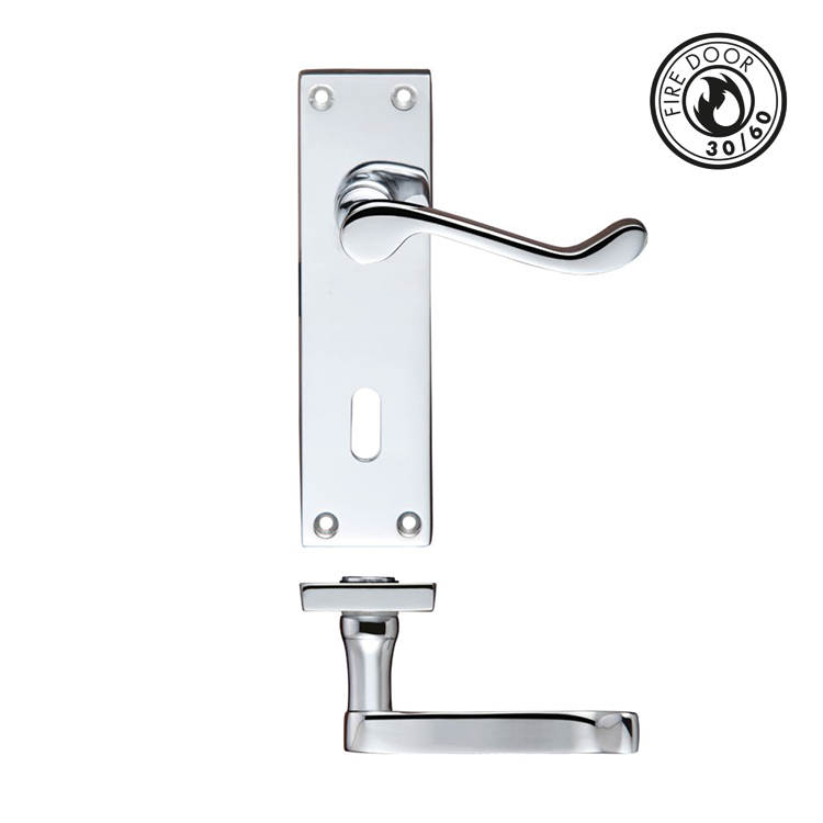 Victorian Scroll Lever Handle on Lock Backplate - Polished Chrome