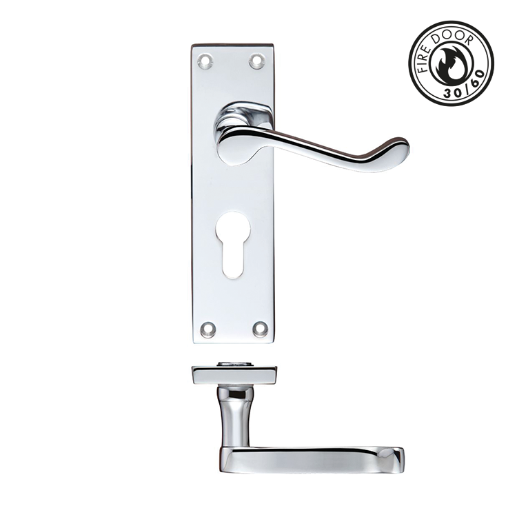 Victorian Scroll Lever Handle on Euro Lock Backplate - Polished Chrome